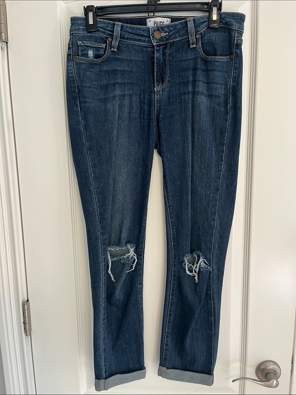 PAIGE Dark Blue Distressed Boyfriend Jeans